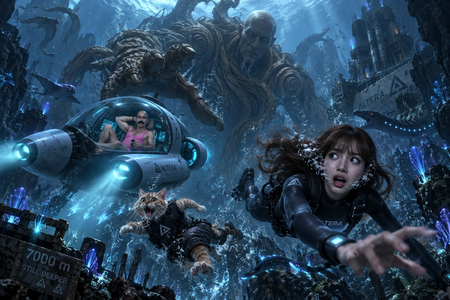 A bald wooden leviathan towers over a tiny submarine as a frightened diver and soaked orange cat flee through a glowing alien underwater trench.