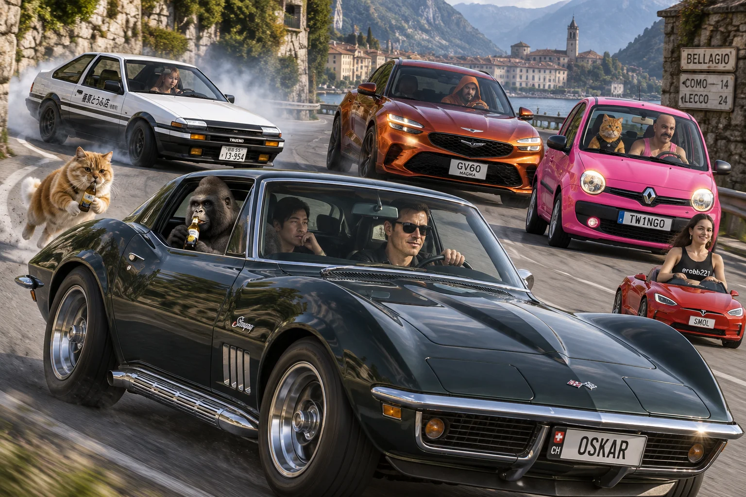 A sunglasses-wearing driver leads a mountain-road convoy in a classic Corvette, with a silverback gorilla and pensive passenger aboard while colorful cars drift behind and a beer-sipping cat gives chase.