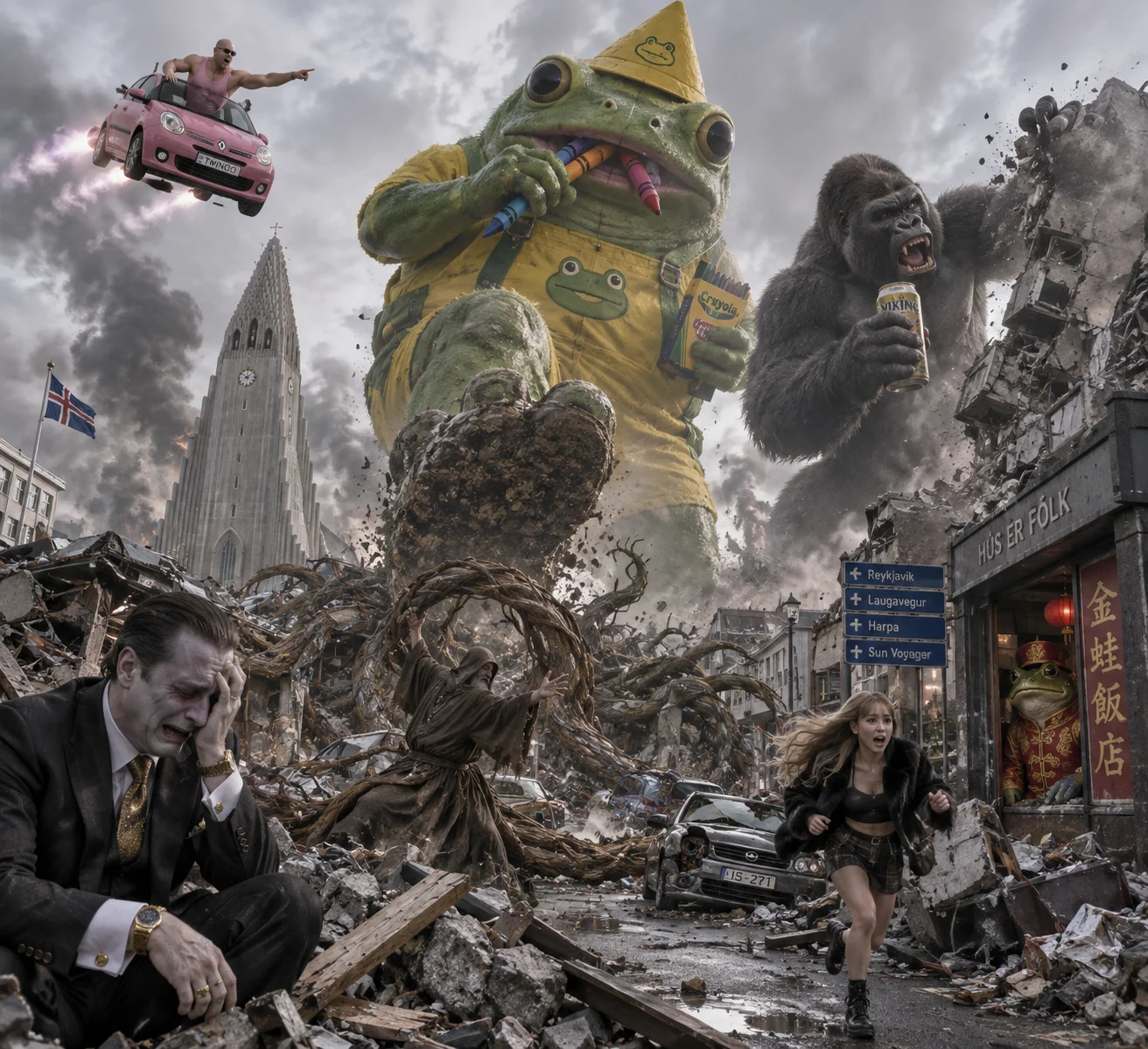 A giant green frog kaiju destroys Reykjavik while a beer-drinking gorilla helps, a monk builds a wooden barricade, and frightened survivors flee beneath a flying pink car.