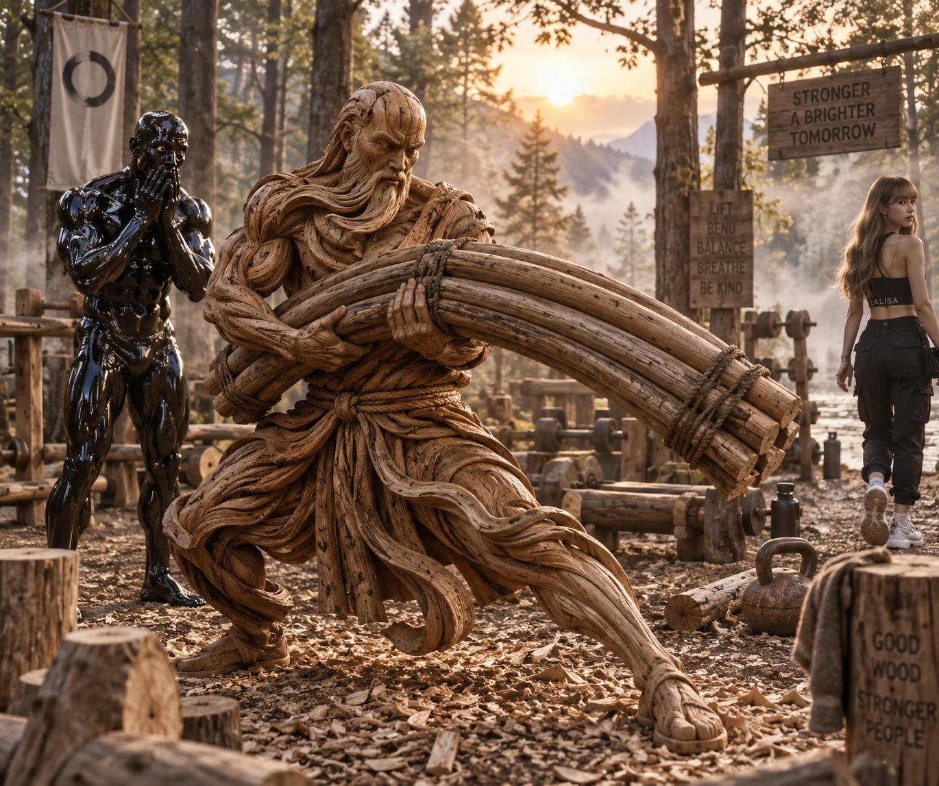 A swirling wooden monk bends thick logs at dawn while an oil-man watches and a woman walks away through a misty forest gym.