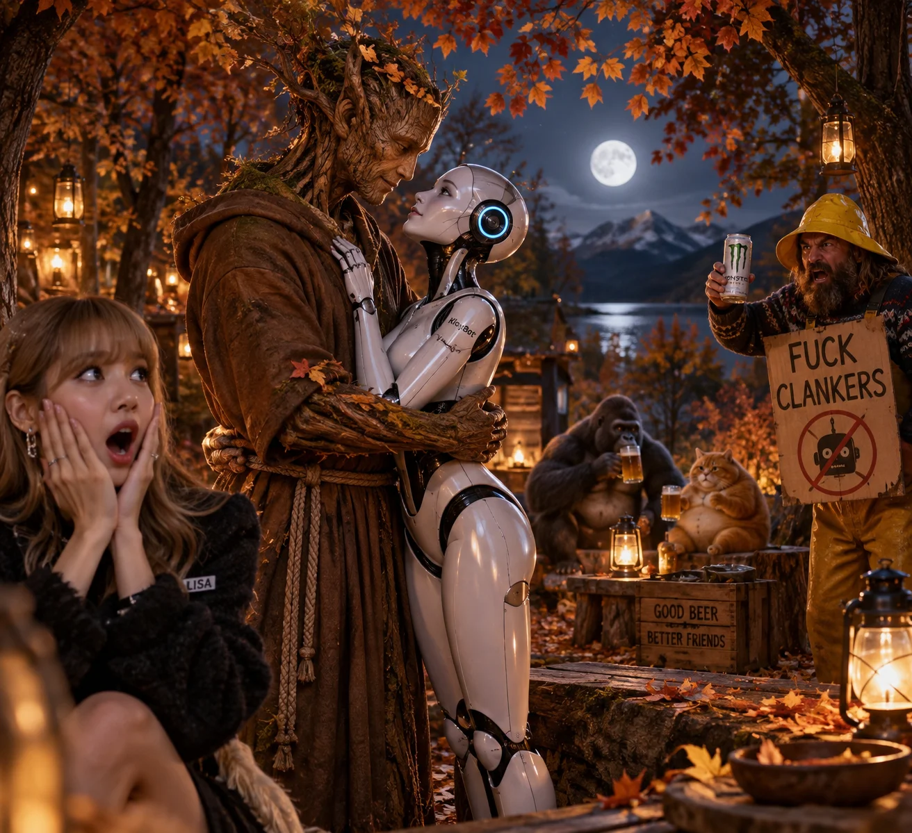 A woody monk and friendly robot embrace lovingly in a moonlit autumn forest while a shocked woman, protesting fisherman, gorilla, and beer-sipping red-haired cat watch nearby.