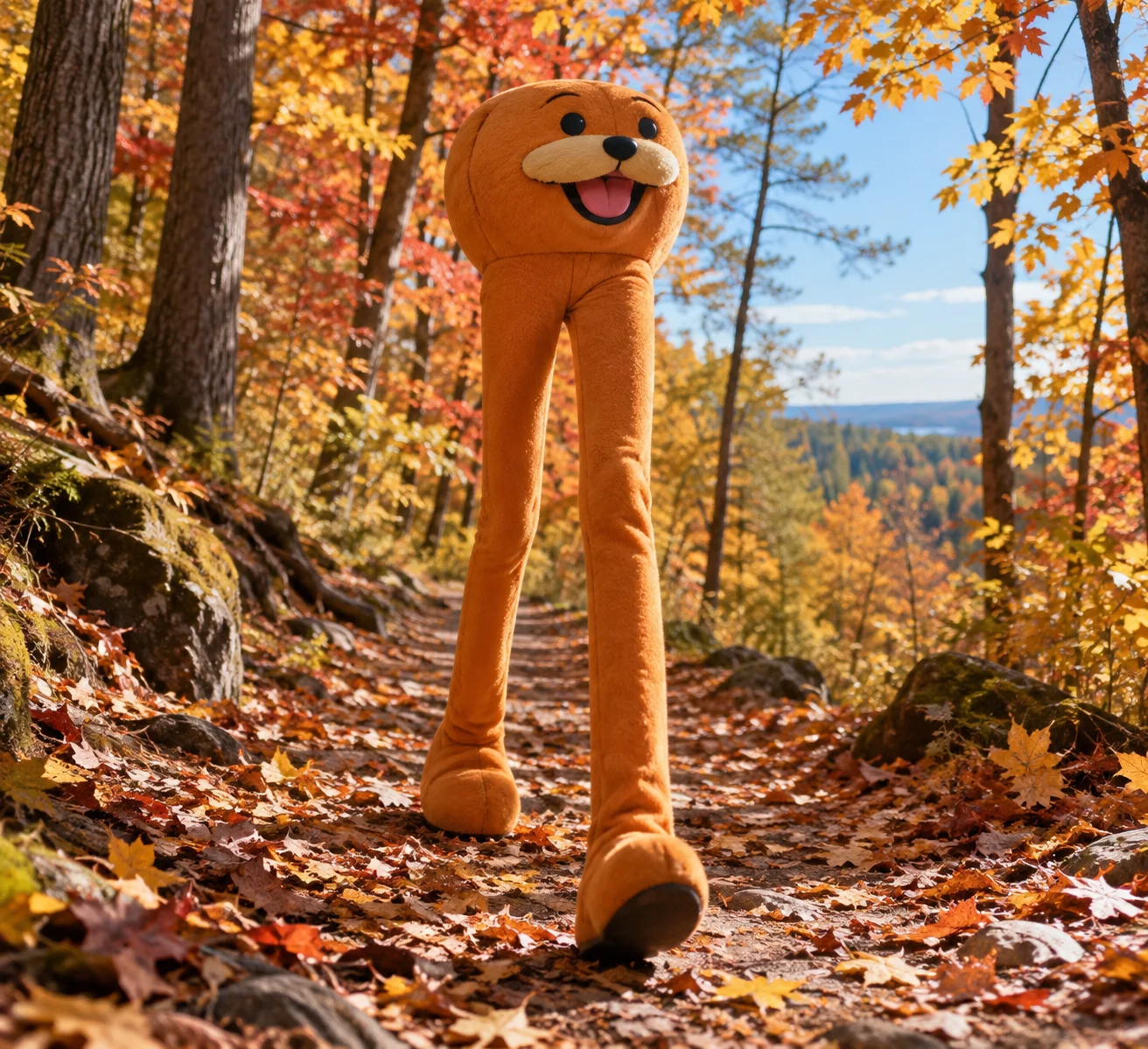 A happy long-legged, armless Spurdo character walks through a sunlit autumn forest filled with colorful fallen leaves.