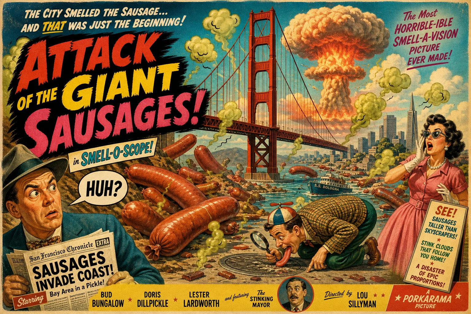 A surreal 1950s-style disaster comedy poster shows the Golden Gate Bridge above a colorful shoreline, with a distant mushroom cloud, tumbling sausages, drifting stink clouds, and bewildered cartoon characters.