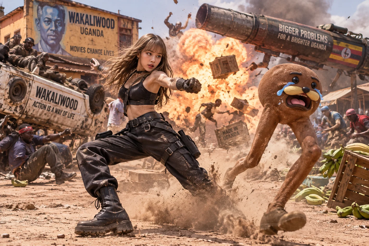 A fierce pop-star-inspired heroine leads a chaotic fight in a dusty Ugandan street while a long-legged, armless character cries and flees amid smoke, debris, and over-the-top action.