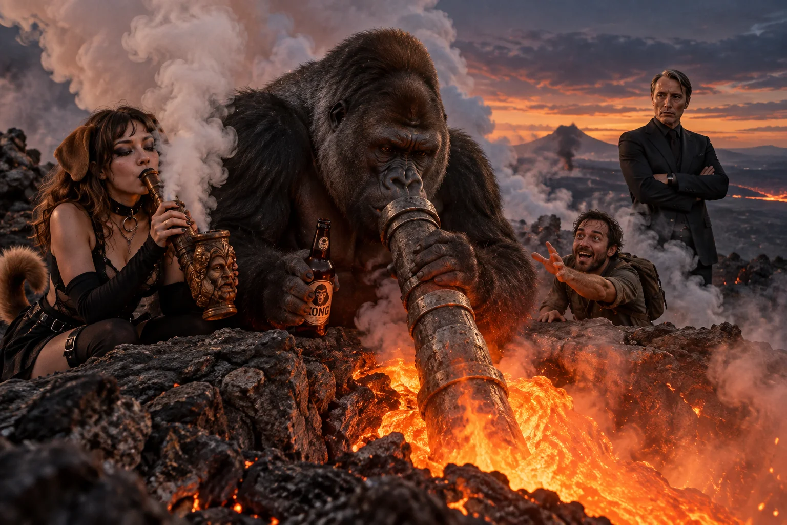 A silverback gorilla smokes from a glowing volcano while a goth puppygirl uses a medieval pipe, an eager figure reaches for the smoke, and a sharply dressed judge watches from behind.