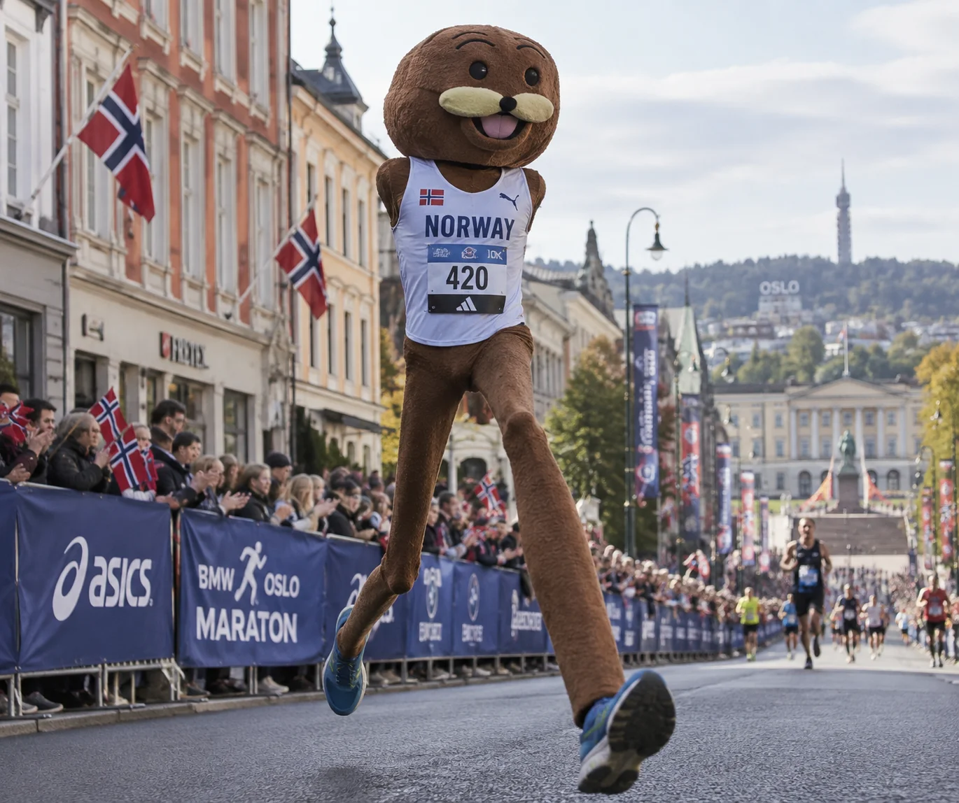 A long-legged, armless Spurdo Spärde character runs a marathon through the streets of Oslo beneath cool Nordic daylight.