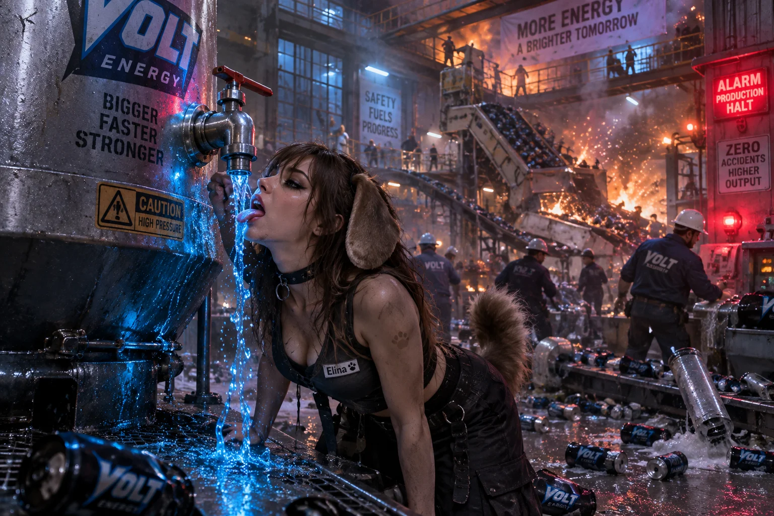 A goth puppygirl drinks energy drink from a giant barrel faucet inside a chaotic factory filled with broken machinery, sparks, smoke, and background fires.