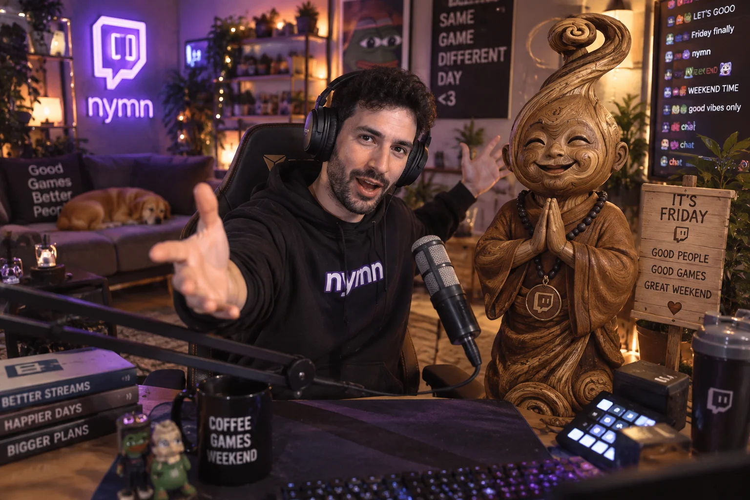 Nymn hosts a lively Friday evening stream in a cozy studio beside a whimsical wooden swirling monk personifying Friday.