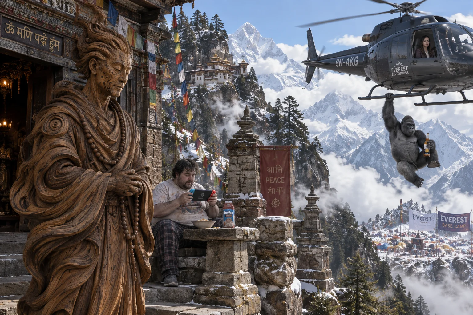 A swirling wooden-textured monk guards a hidden Himalayan temple as a helicopter departs, with a gorilla on its skid and a traveler eating rice nearby.