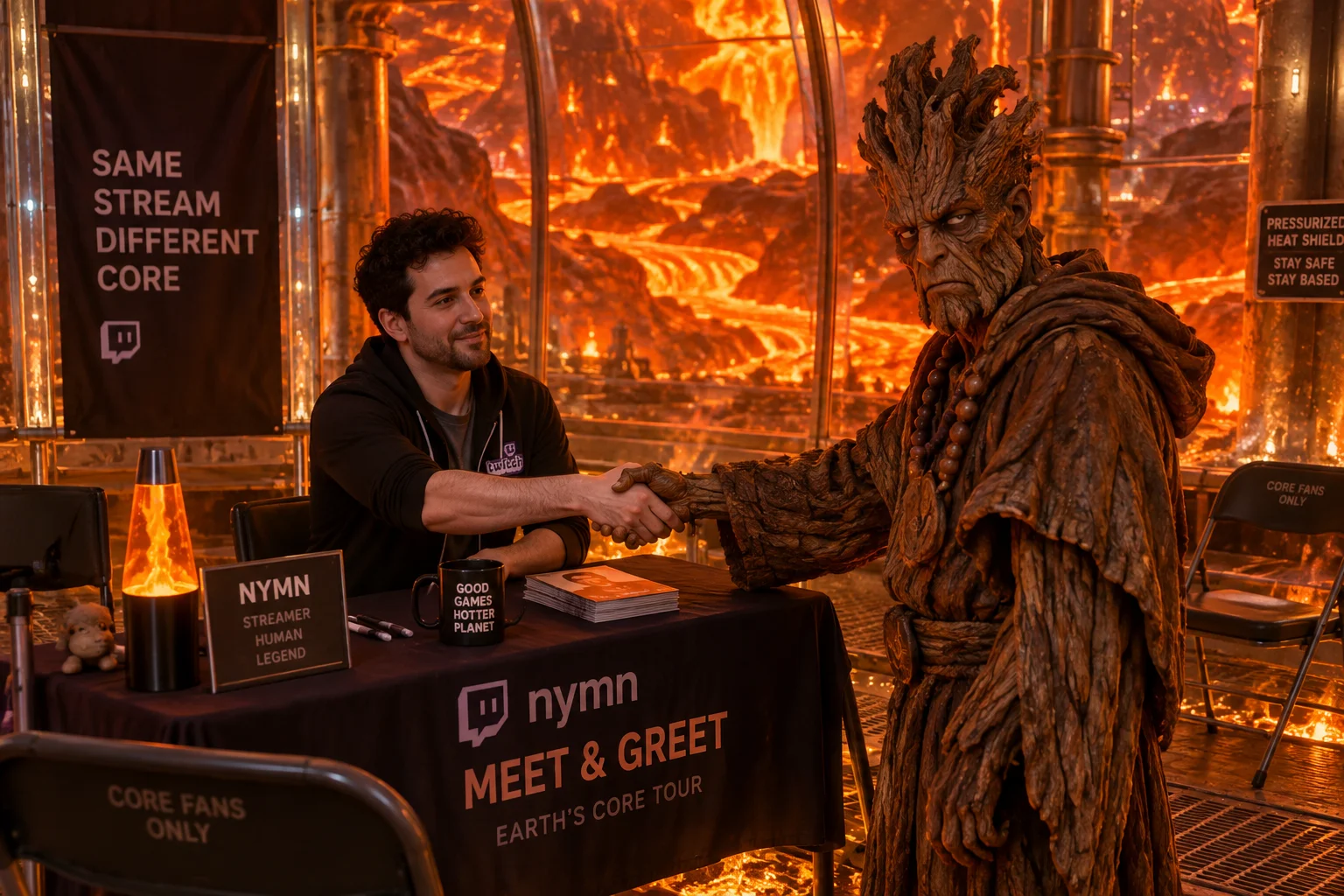Nymn hosts a meet-and-greet in a heat-shielded chamber at Earth’s molten core while a woody swirling monk anti-fan reluctantly shakes hands.