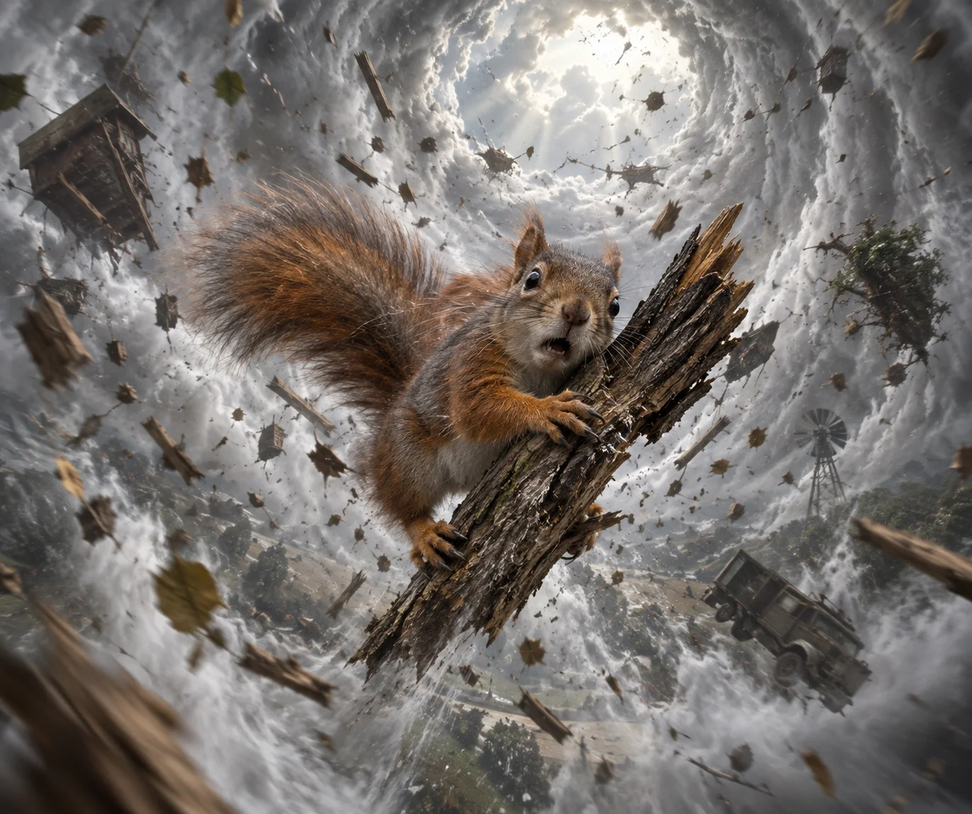 A startled squirrel clings to drifting wood inside a vast, atmospheric tornado filled with swirling rain, dust, mist, leaves, and dramatic storm light.