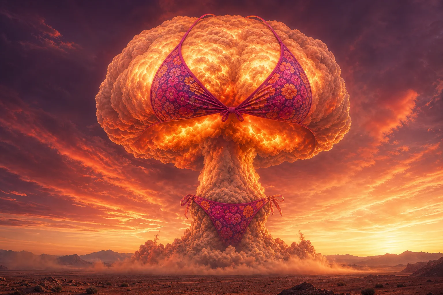 A surreal desert at sunset features a colossal glowing nuclear mushroom cloud humorously styled with a bright patterned bikini, surrounded by swirling dust and dramatic orange-magenta light.