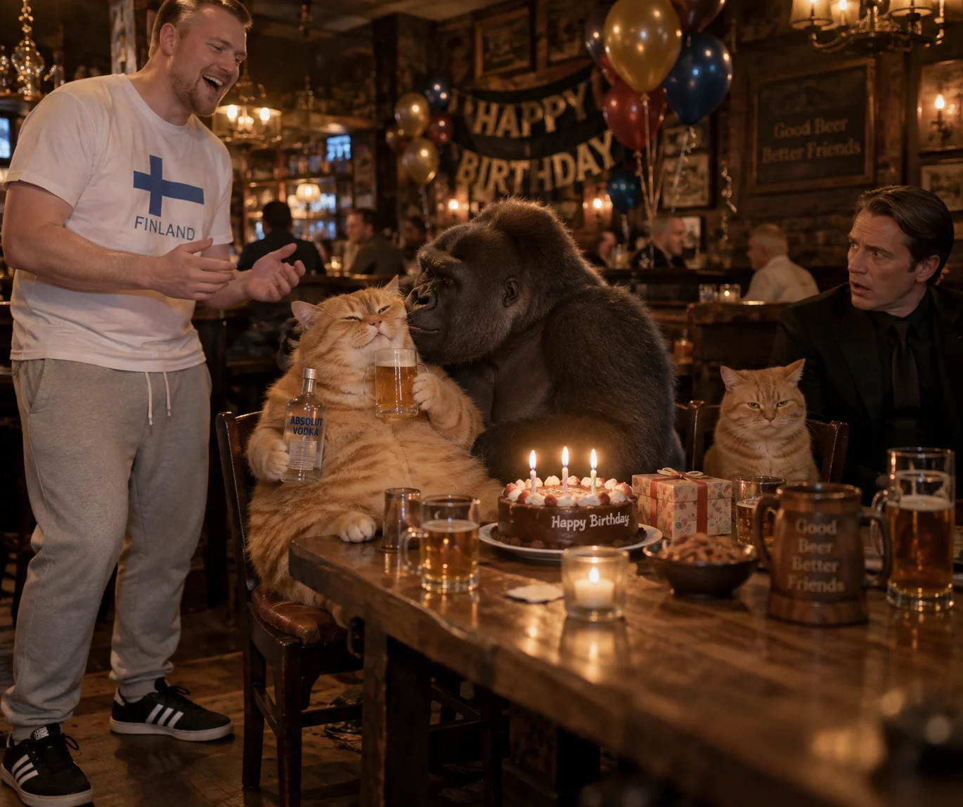 A tall man sings to a beer-sipping red-haired cat at a tavern birthday party while a silverback kisses the cat and an appalled man glares at a silent orange cat.