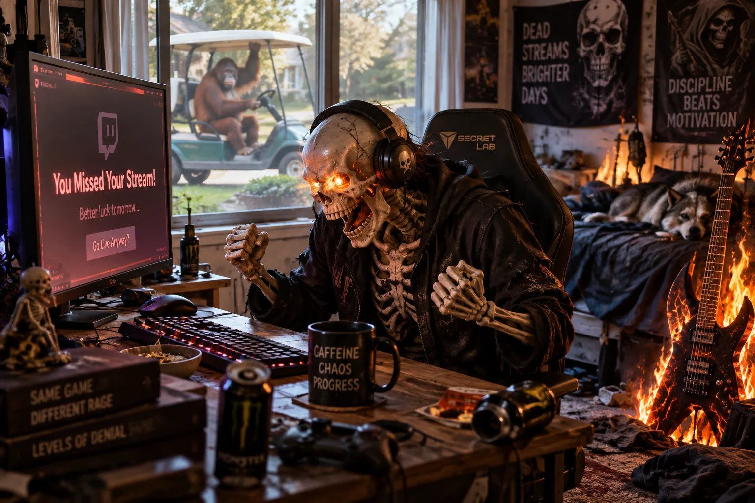 A furious skeleton streamer fumes at a PC while an orangutan drives a golf cart past the window outside.