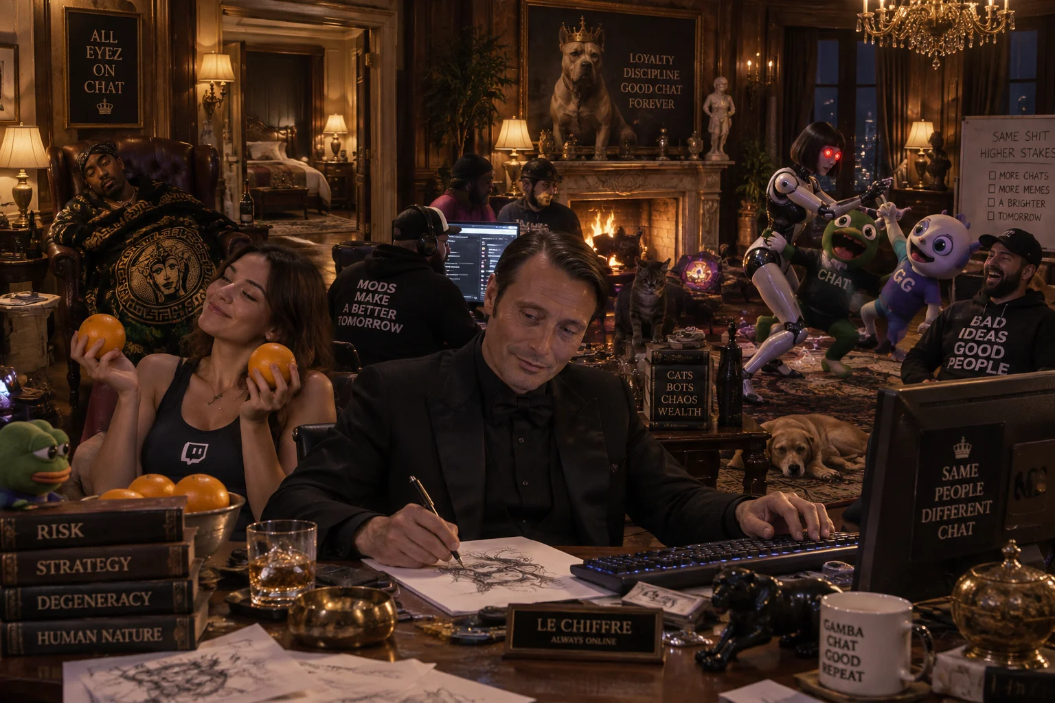 A crowded mansion chat room shows Le Chiffre drawing and typing, a woman presenting oranges, a sleeping 2Pac, and playful robots fighting in the corner.