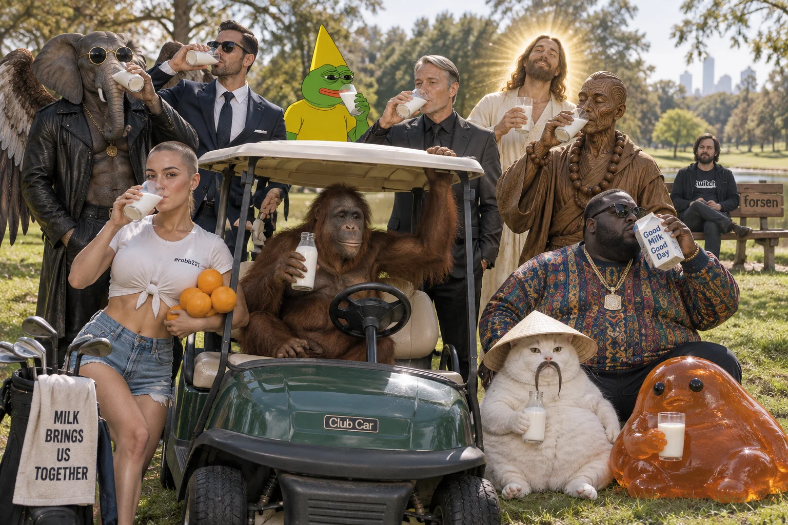 A surreal group gathers around a golf cart in a sunny park, drinking milk while an orangutan drives and a seated man watches; one woman holds oranges among the fantastical crowd.