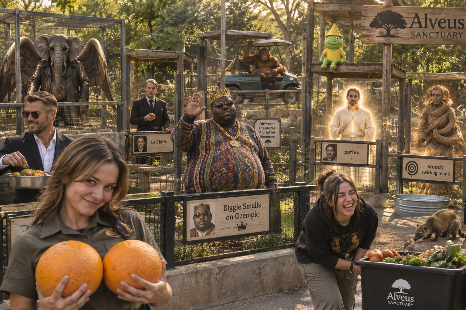 A surreal wildlife sanctuary feeding time where darklight_op is the newest exhibit and a crowd of bizarre human-animal residents gathers around enclosures, including a woman holding two giant oranges.
