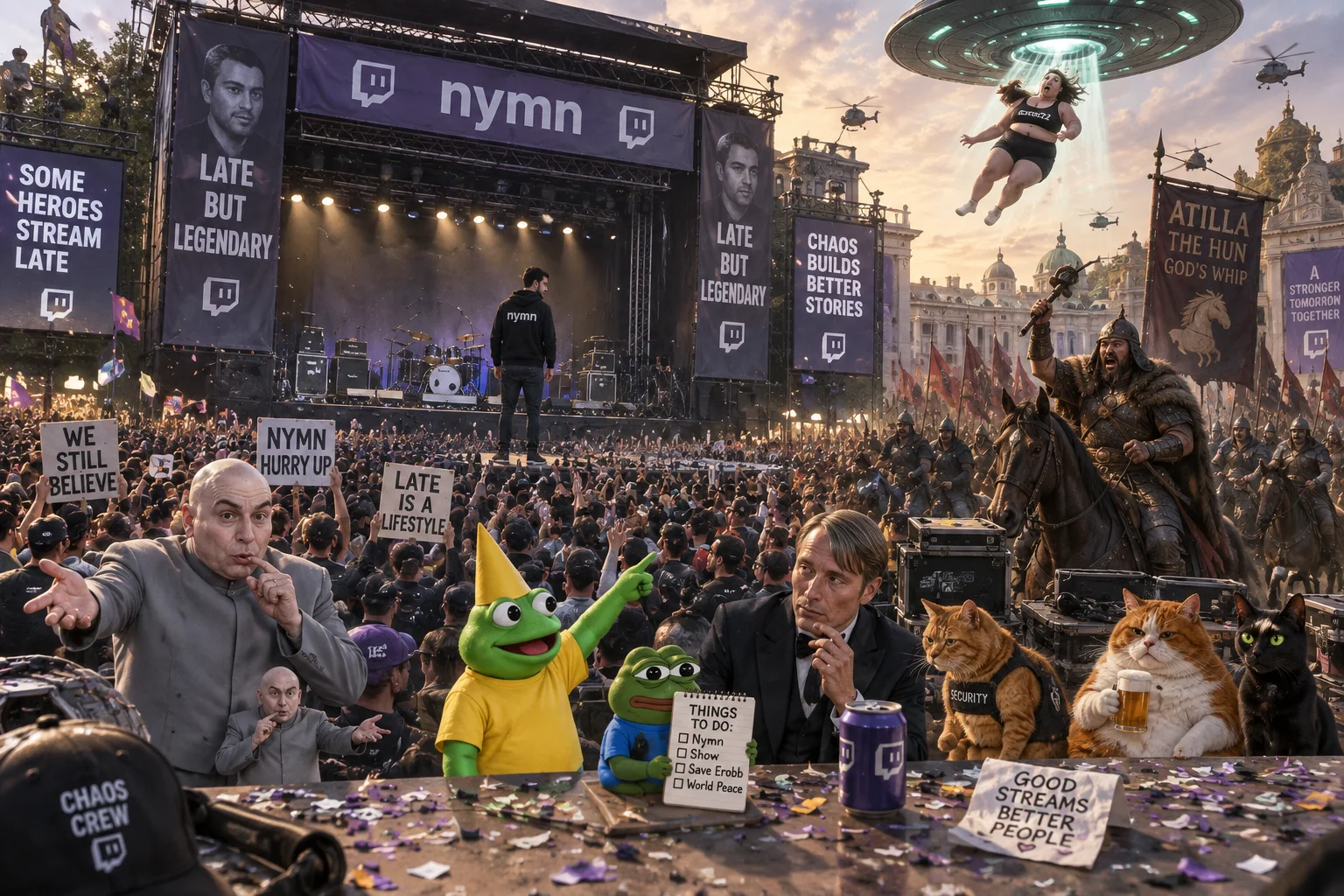 A late performer faces the wrong way as a huge crowd waits, while Dr. Evil entertains them, Attila’s army arrives, and an alien saucer abducts a spectator at a chaotic concert venue.