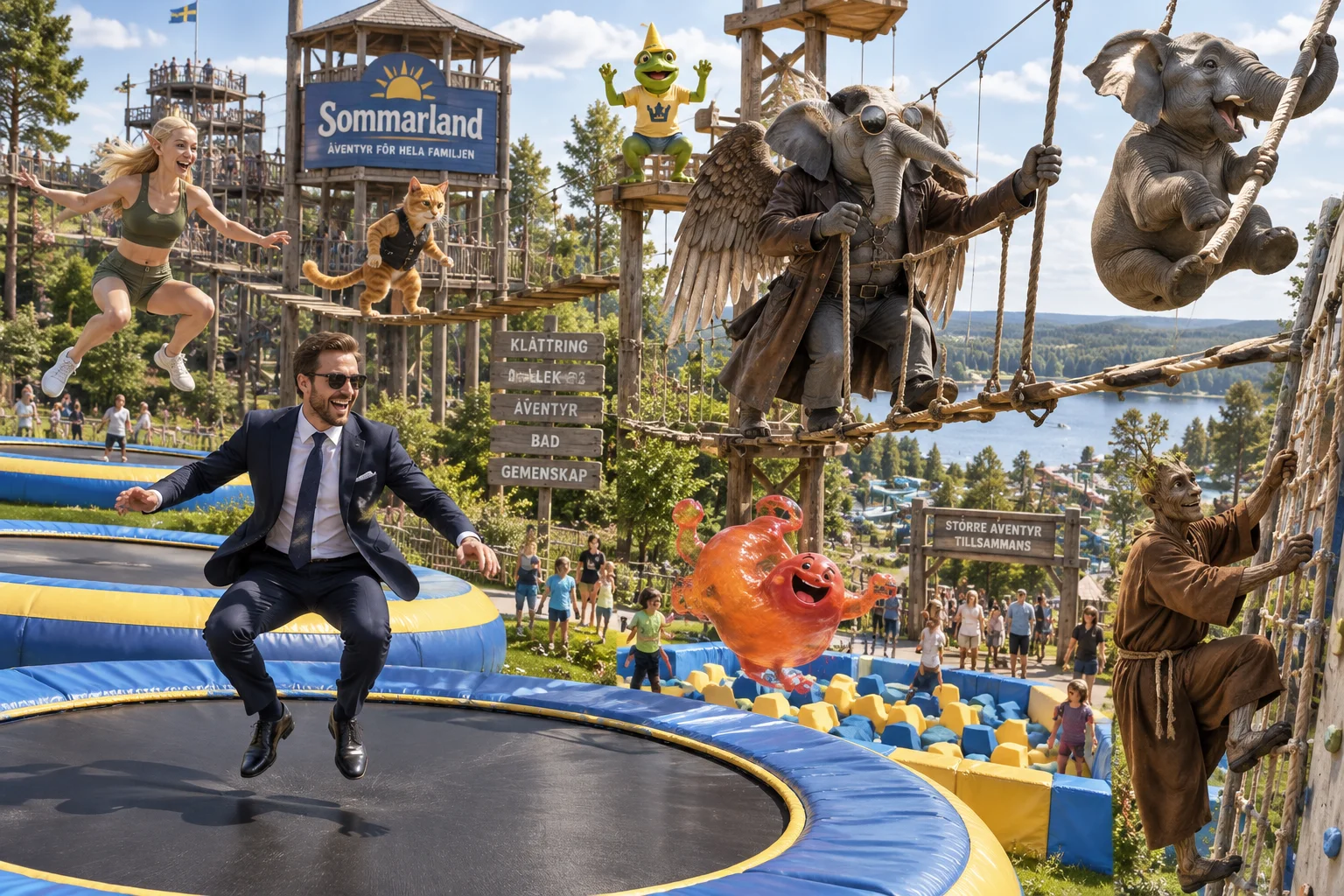 A lively group explores Swedish Sommarland, bouncing on giant trampolines and tackling colorful rope courses beneath bright Scandinavian summer sunlight.
