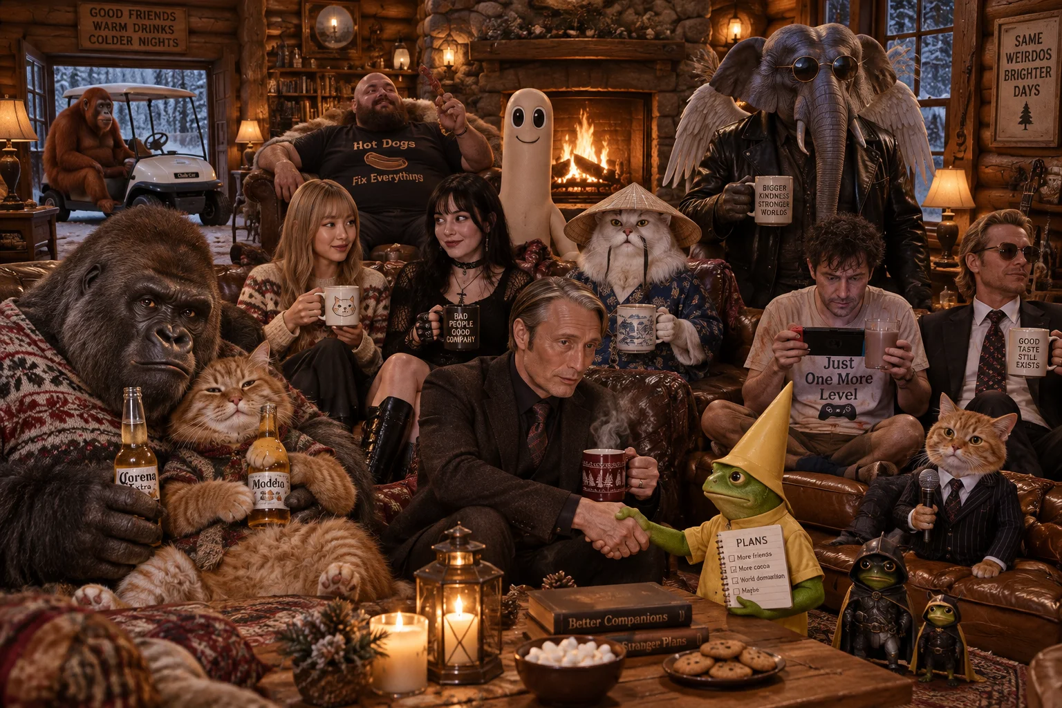 A lively group of unusual guests share hot chocolate and warm themselves around a fireplace in a cozy cabin.