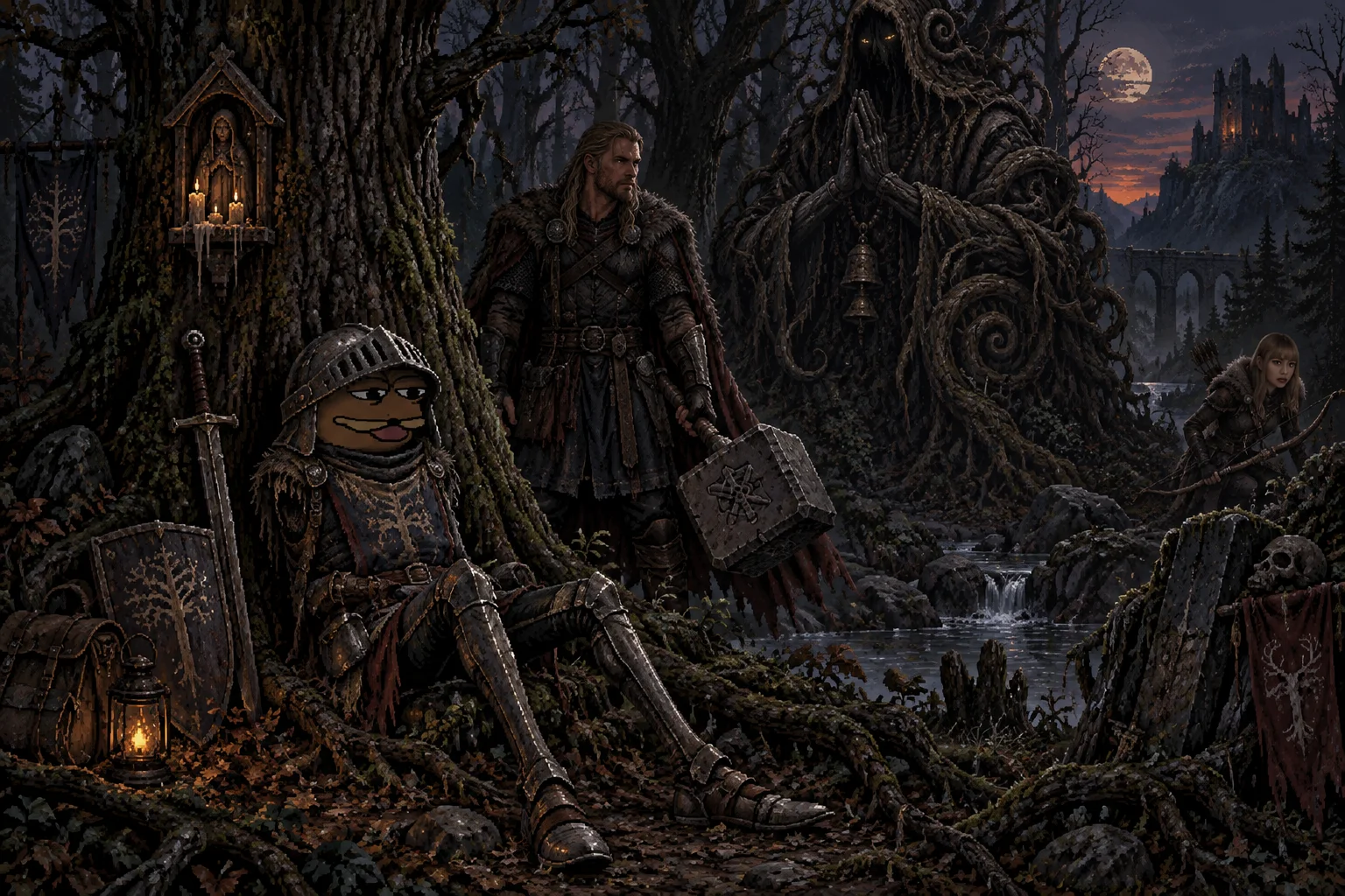 A weary armless knight rests against an ancient tree as a wooden monk-like monster looms nearby and a hunter stalks through a dark fantasy forest.