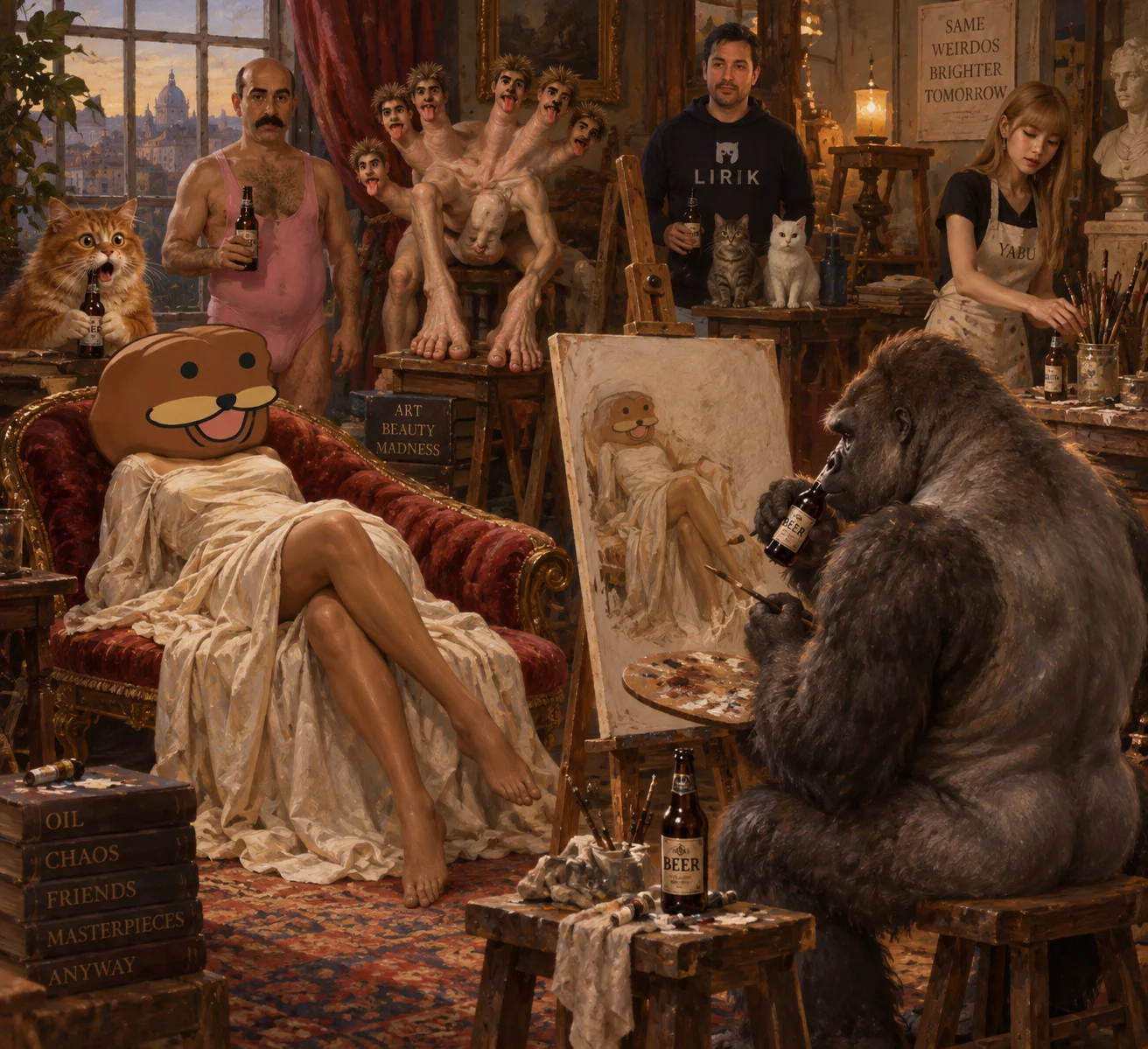 A long-legged armless model poses on a chaise as a silverback gorilla paints him in a warmly lit studio, watched by curious onlookers.