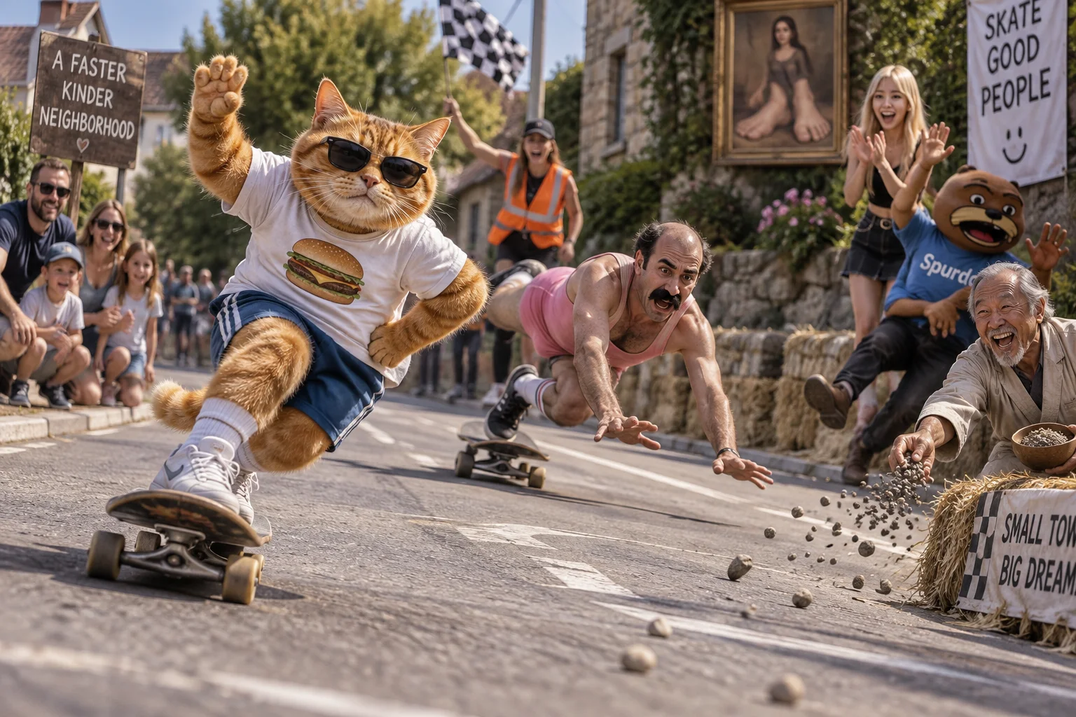 Cheezeburgerstick speeds along a neighborhood road on a skateboard as skaters, cheering spectators, and a race marshal surround the course.
