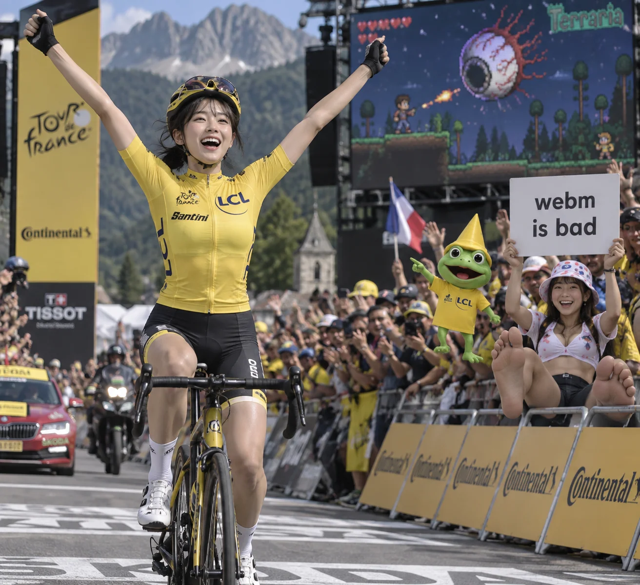 A K-pop-styled cyclist celebrates her Tour de France victory at the finish line as the crowd cheers.