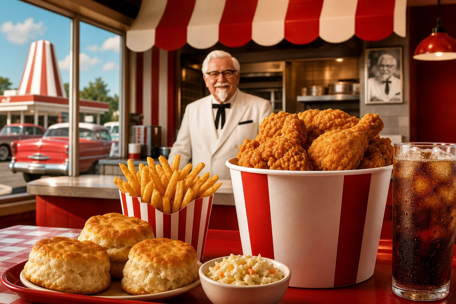 A stylized red-and-white fried-chicken restaurant counter displays a glowing bucket of chicken, golden fries, biscuits, and a chilled soft drink in a cheerful vintage roadside setting.