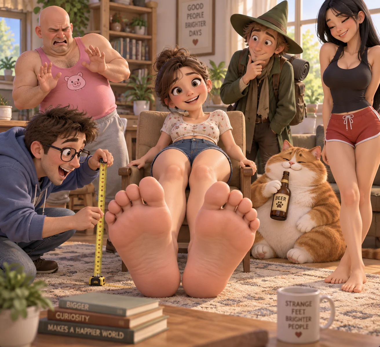 A big-footed animated woman displays her bare feet in a bright living room as a small group of onlookers react with curiosity, delight, and disgust.