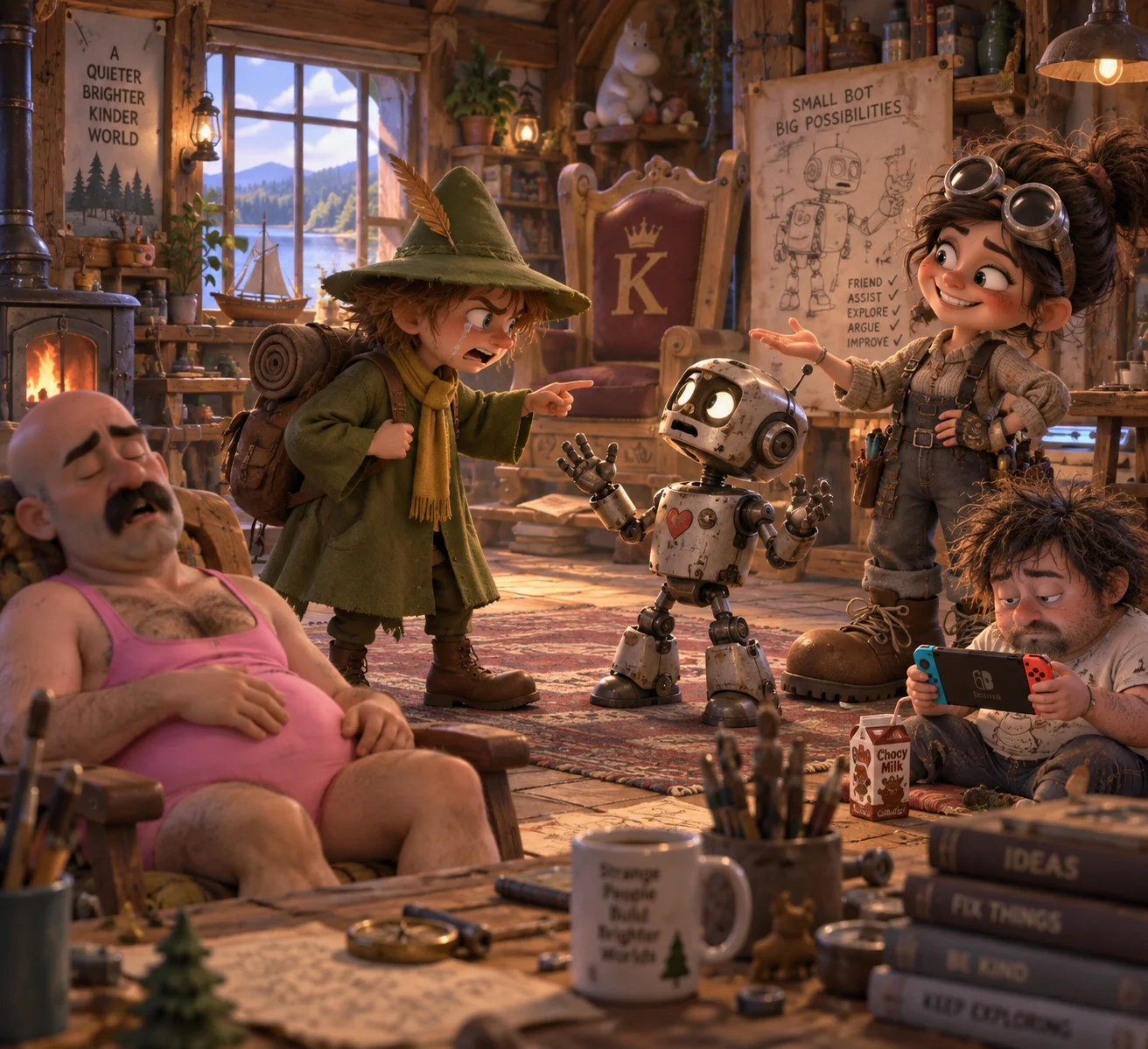 Snufkin argues tearfully with a small robot in a cozy Nordic storybook workshop as its goggle-wearing creator looks on.