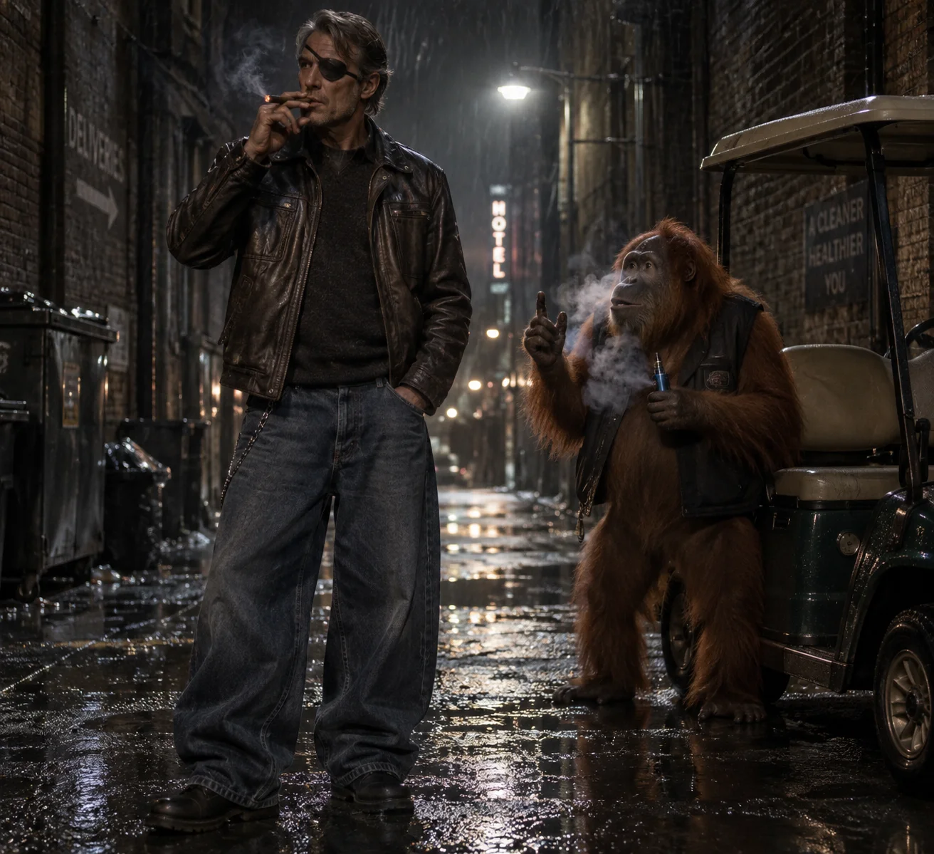 An eye-patched man smokes a cigar in a moody, rainy alley as an orangutan beside a golf cart vapes and gestures a cautionary explanation.