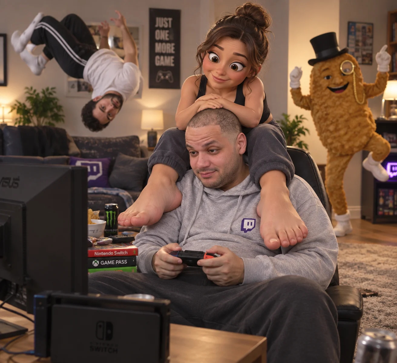 erobb slouches in a gaming chair trying to get Game Pass on a Switch as Kloydan rides his shoulders, telvann dances, and nymn flips in the living room.