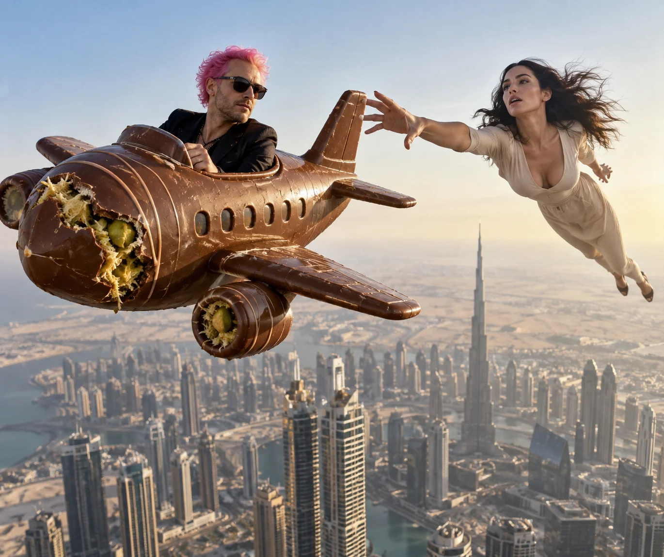 A pink-haired musician flies a toy airplane made of Dubai chocolate above the skyline as a long-torsoed woman reaches to steal it.