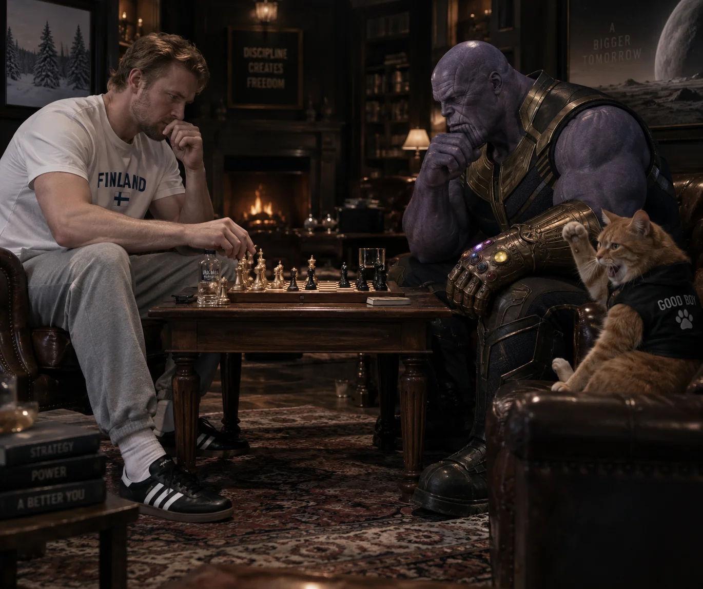 A tall Finnish man plays chess against Thanos while an orange cat in a black vest cheers Thanos on in a dim game room.