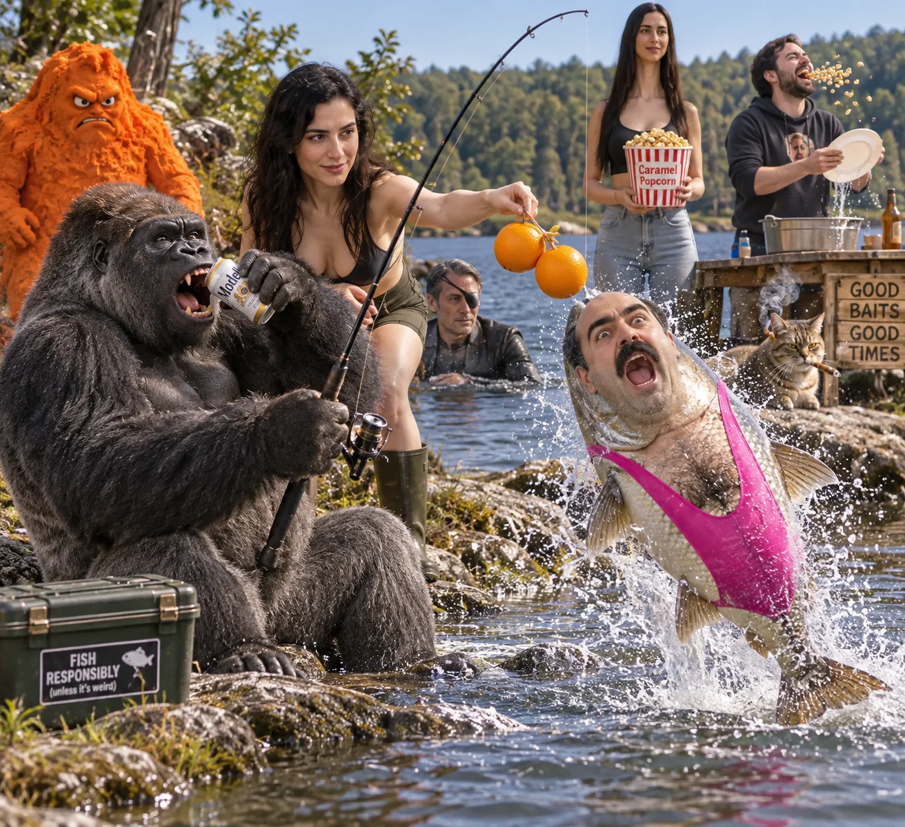 A silverback gorilla fishes as a huge pink-singlet-wearing fish leaps from a lake, with onlookers and swimmers along the shore.