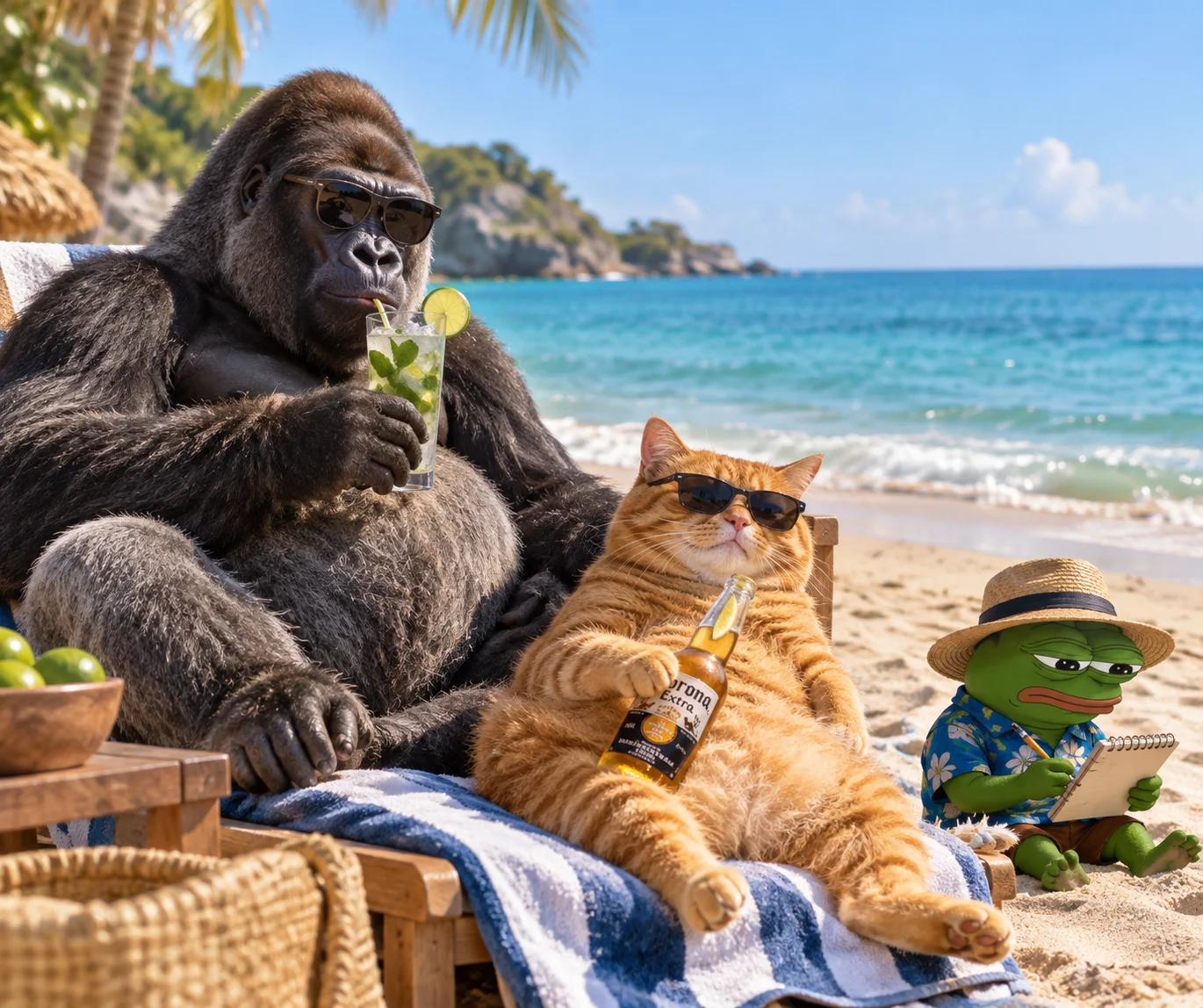 A silverback gorilla and a red-haired cat enjoy drinks on a sunny beach while a tiny frog nearby takes notes and looks unhappy.