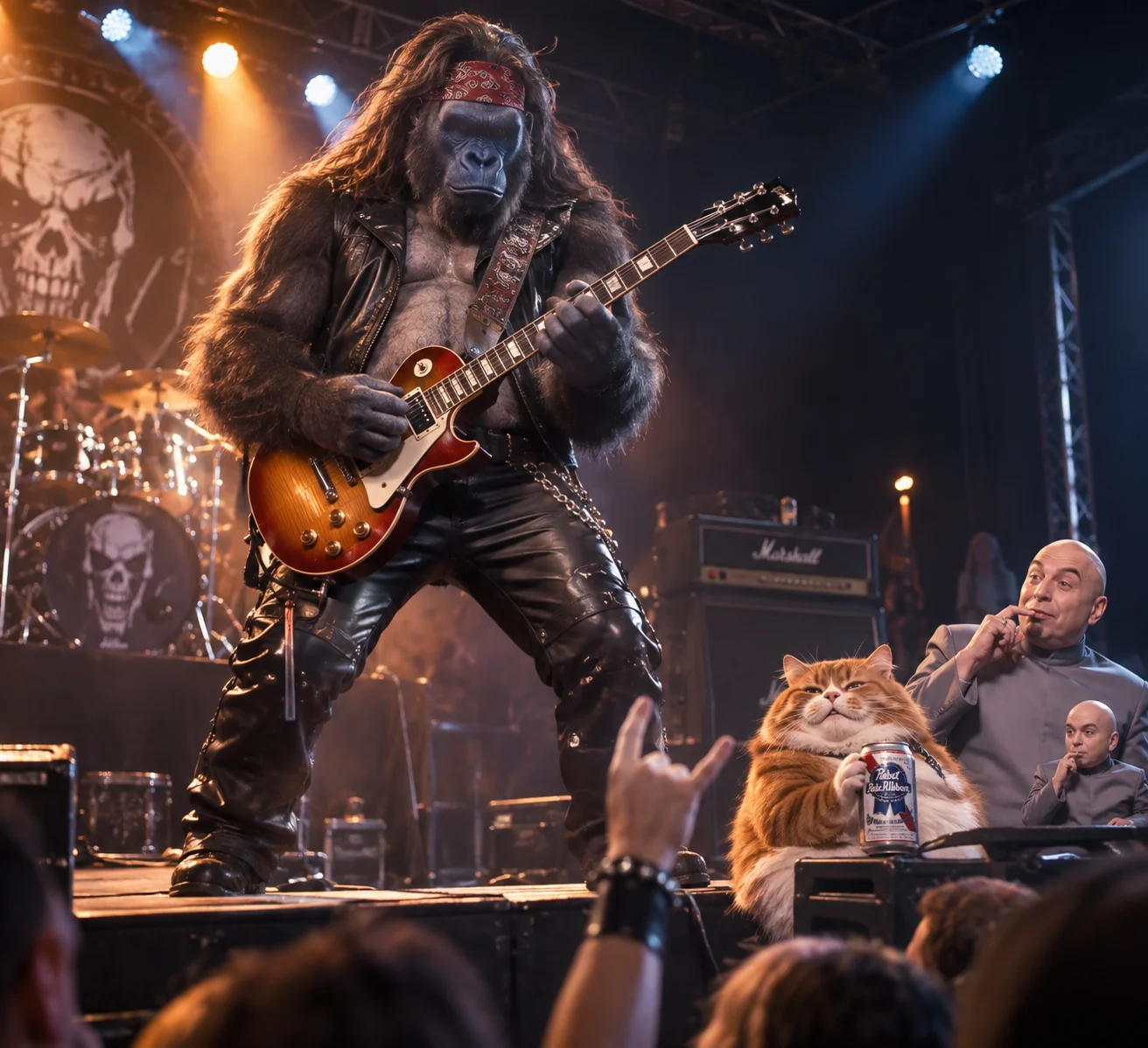 A long-haired silverback gorilla shreds a guitar onstage as a red-haired cat groupie sips beer nearby in a lively concert venue.