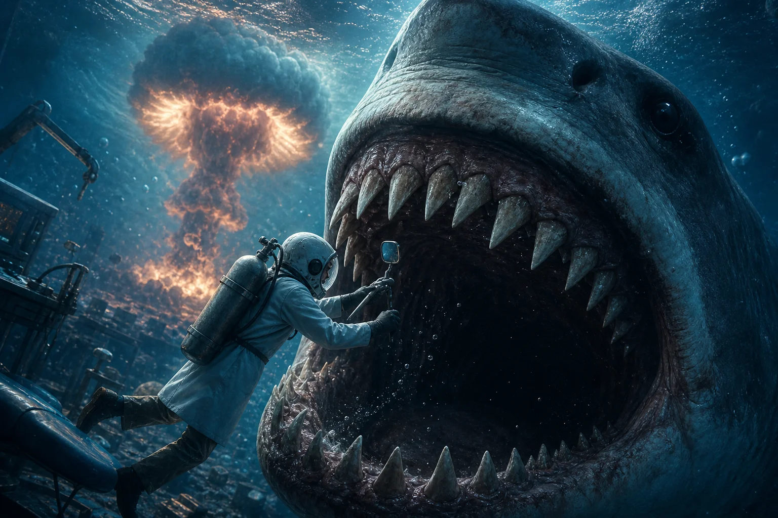 A massive megalodon looms in an underwater dental clinic as a tiny scuba-diving dentist examines its teeth, with debris, bubbles, and a glowing nuclear mushroom cloud in the distant ocean.