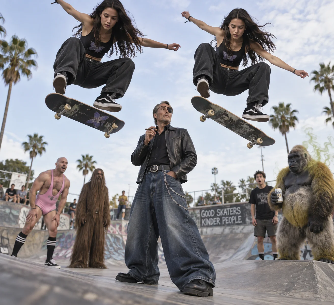Two Olivia Rodrigo lookalikes skateboard over an impressed, eye-patched Mads Mikkelsen at a skatepark as colorful spectators watch.