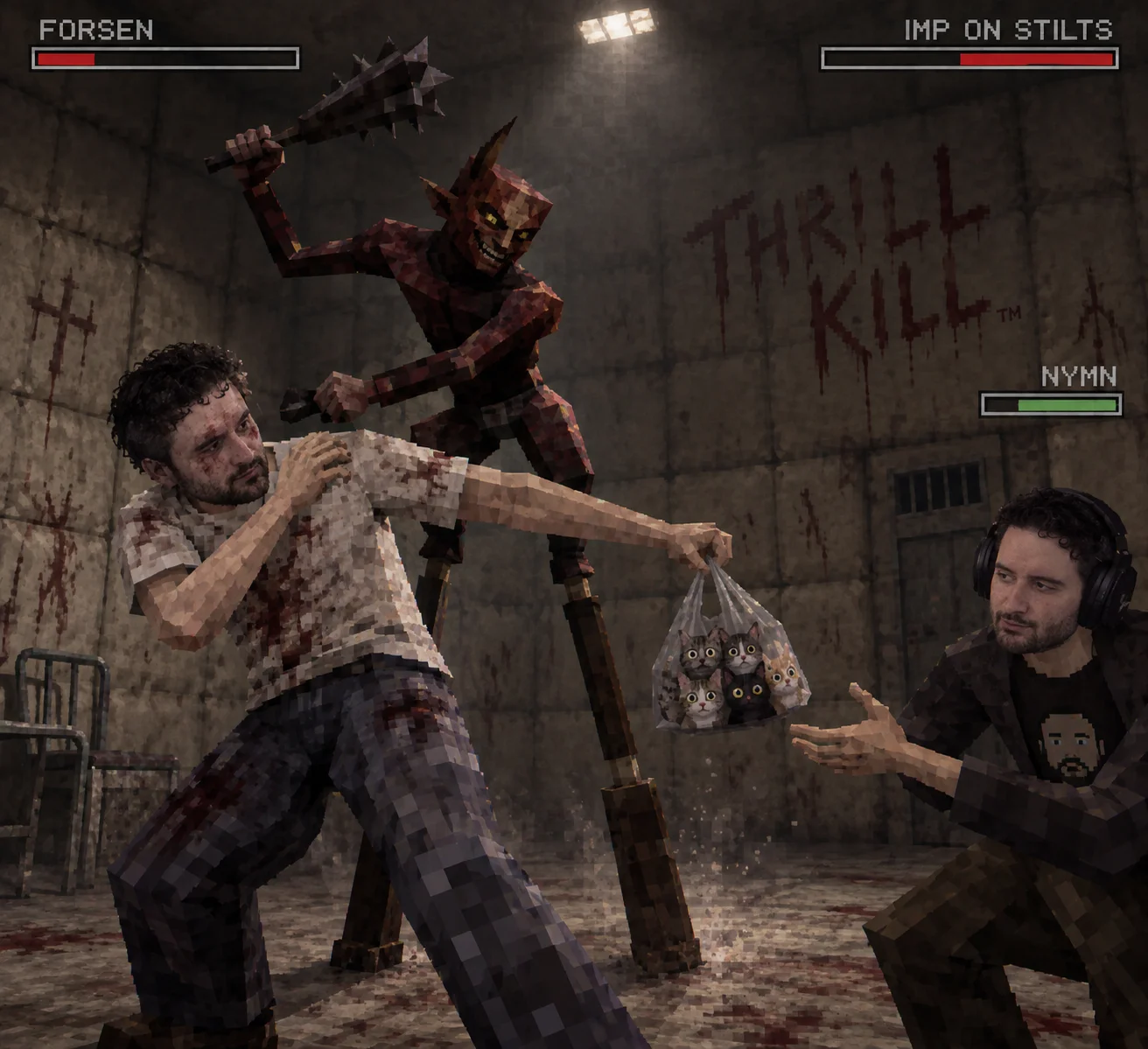 A stilted imp battles a battered Forsen in a padded asylum cell as nymn receives a bag of cats.
