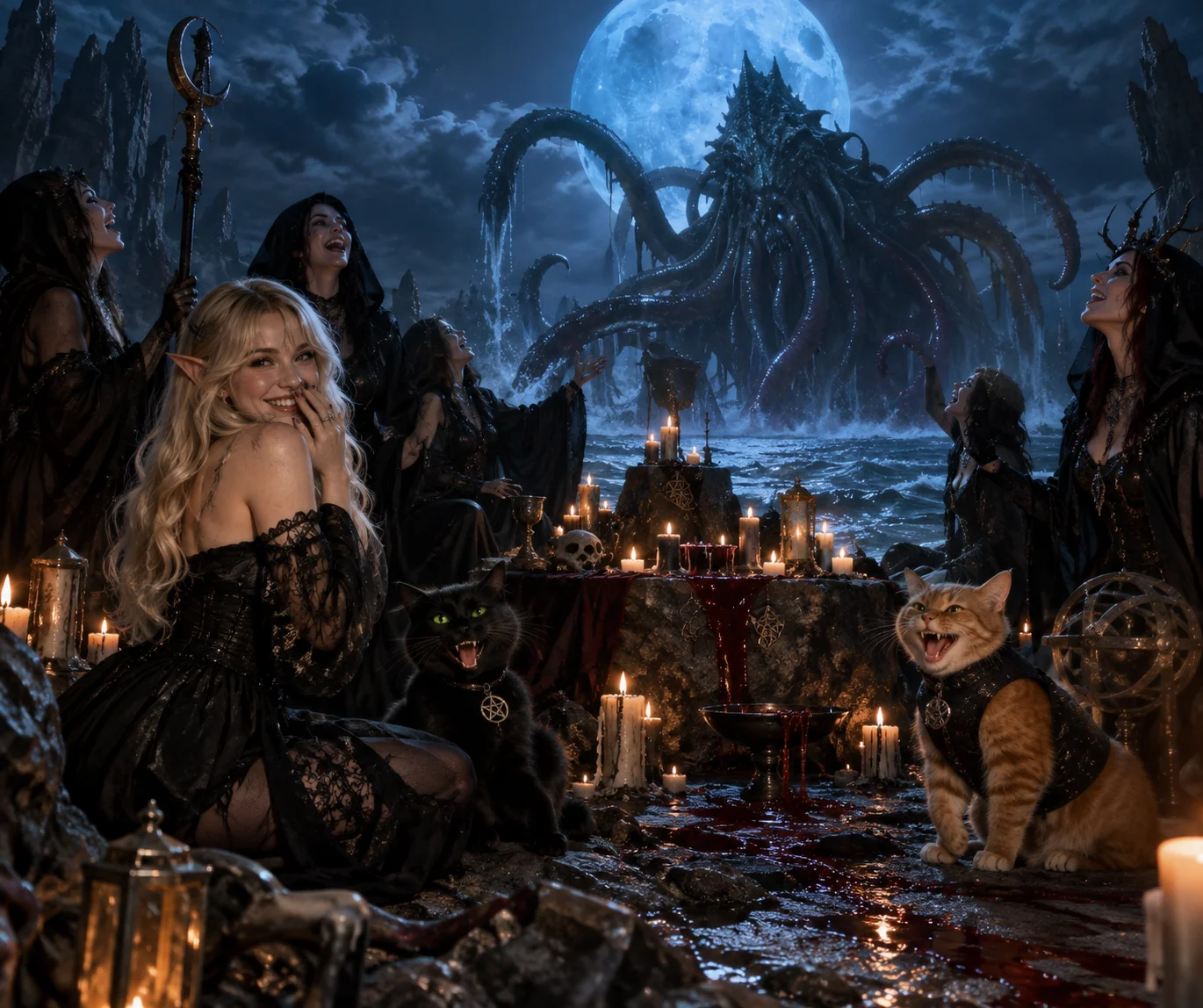 A deep-sea horror looms over a laughing coven gathered at a candlelit shoreline beneath a full blue moon.