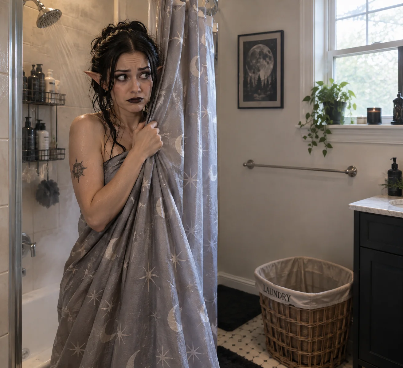 A goth elf, freshly showered and wrapped modestly in a shower curtain, discovers an empty laundry basket and towel rail in her morning bathroom.