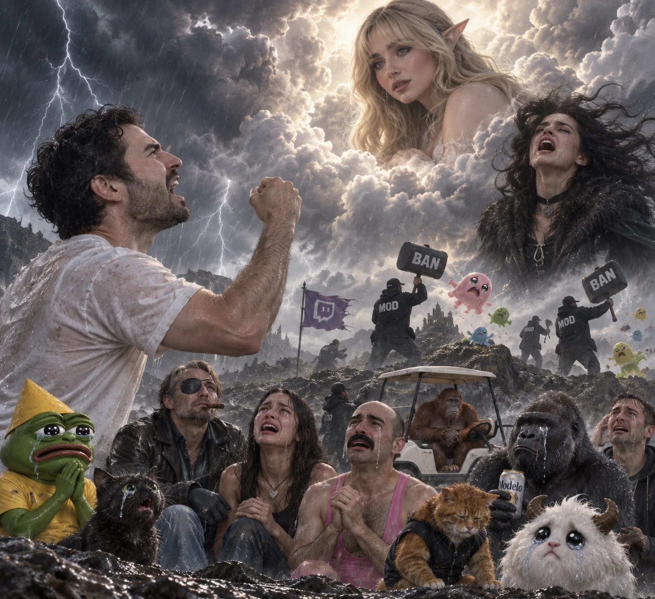 Nymn yells at a towering cloud with his fist raised as a crying crowd and moderators chasing gelatinous creatures fill the stormy scene.