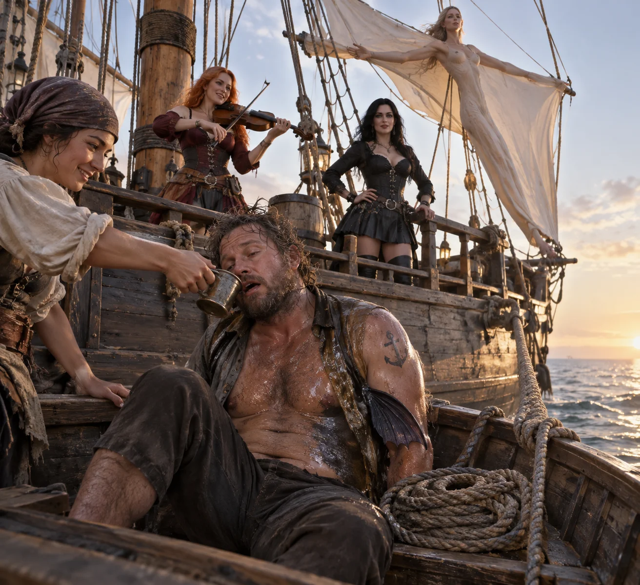 A sleepy sailor sobers up in an oil-slicked longboat as a pirate watches, a fiddler plays, and a living sail billows above the ship at dawn.
