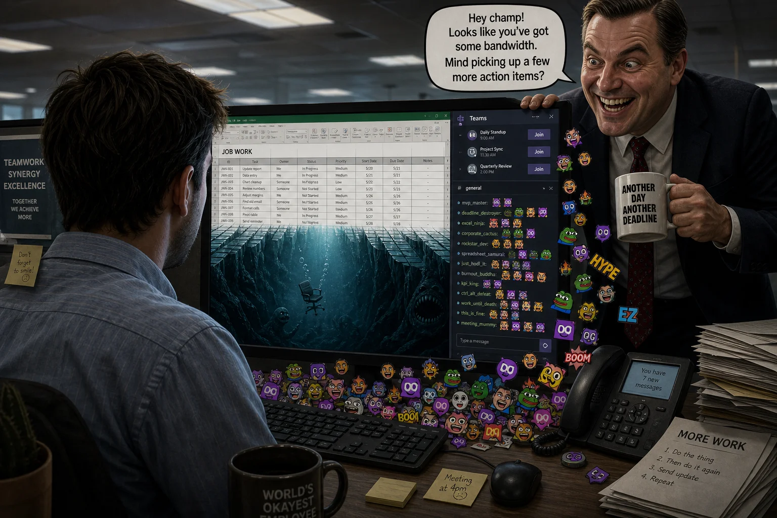 A weary office worker faces a cluttered spreadsheet and chat screen as a cheerful boss looms behind, while the cells open into a dark ocean abyss with a sinking chair and chaotic emotes.