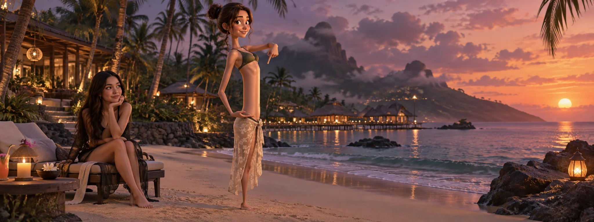 A long-torsoed woman with tiny feet poses in side profile at a hazy tropical resort, with a woman resembling Olivia Rodrigo nearby.