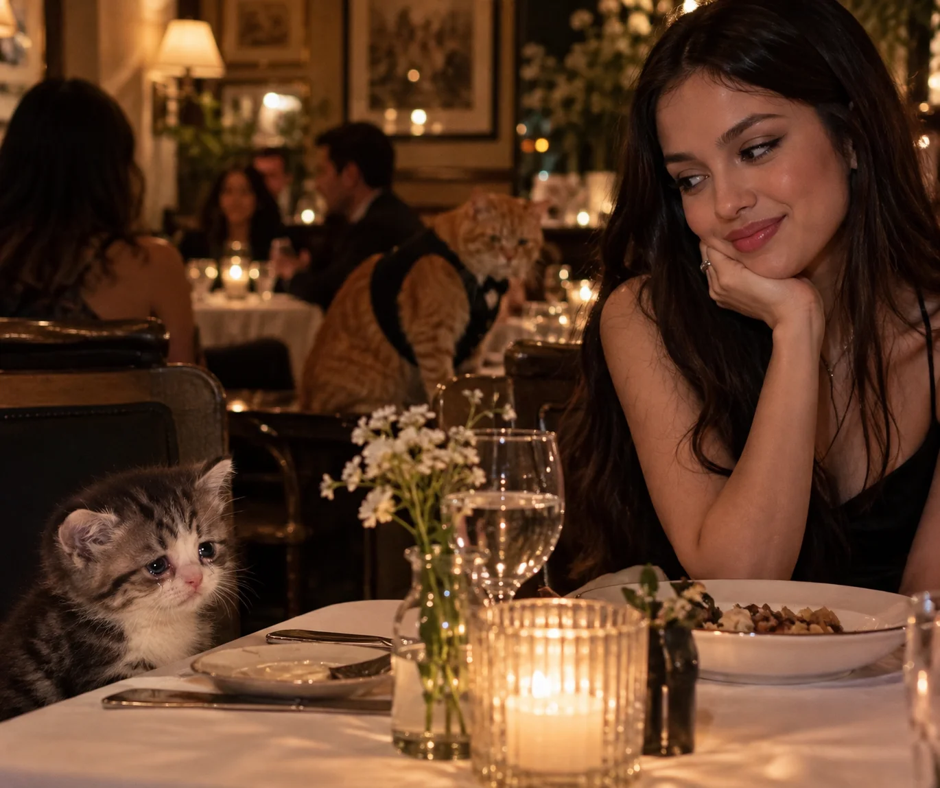 A tiny happy cat shares an awkward candlelit restaurant date with a woman wearing a fake smile, while a slouching orange cat watches nearby.