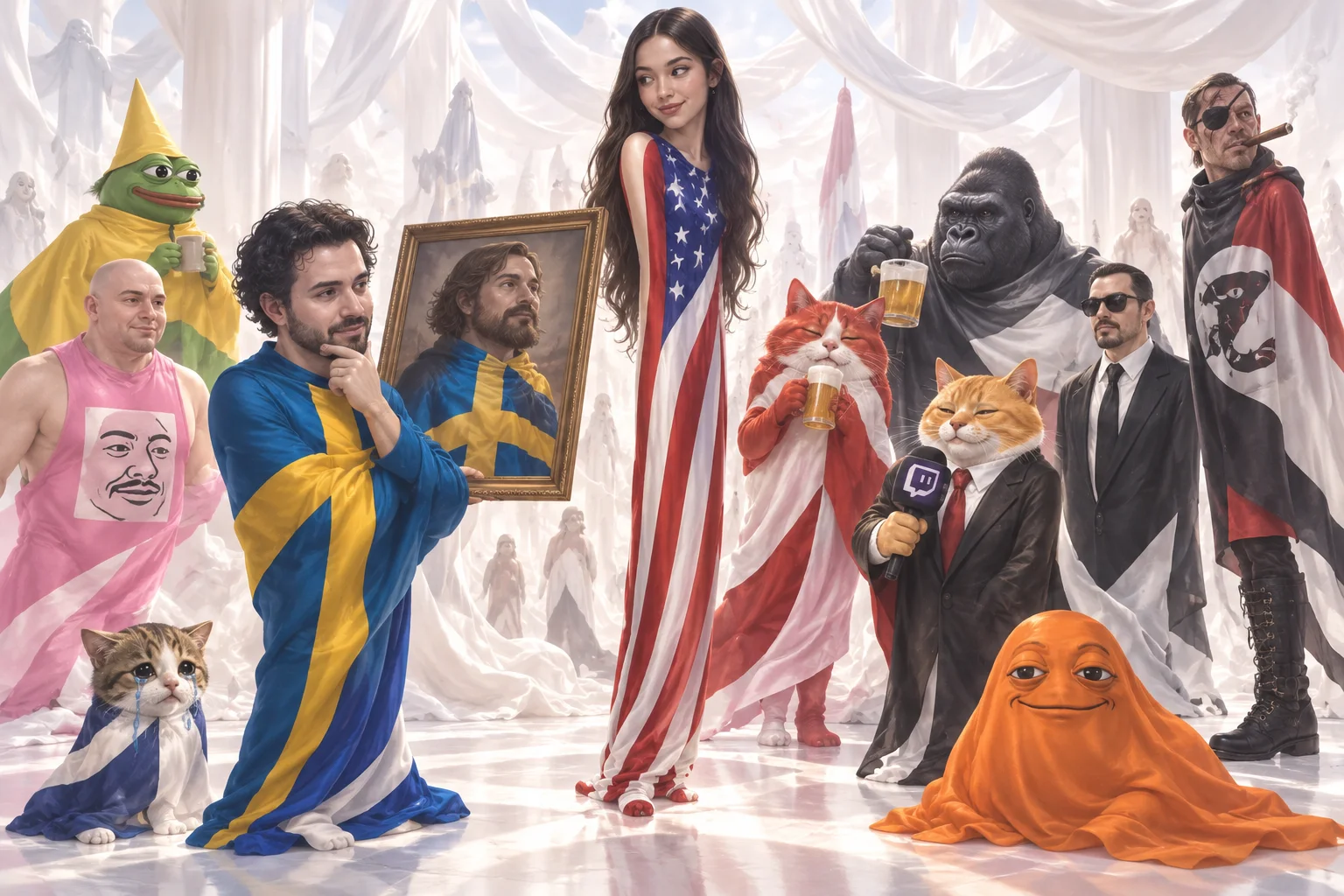 A gathering of humanoid flag characters fills a flowing white space as nymn looks at a framed picture of Forsen.