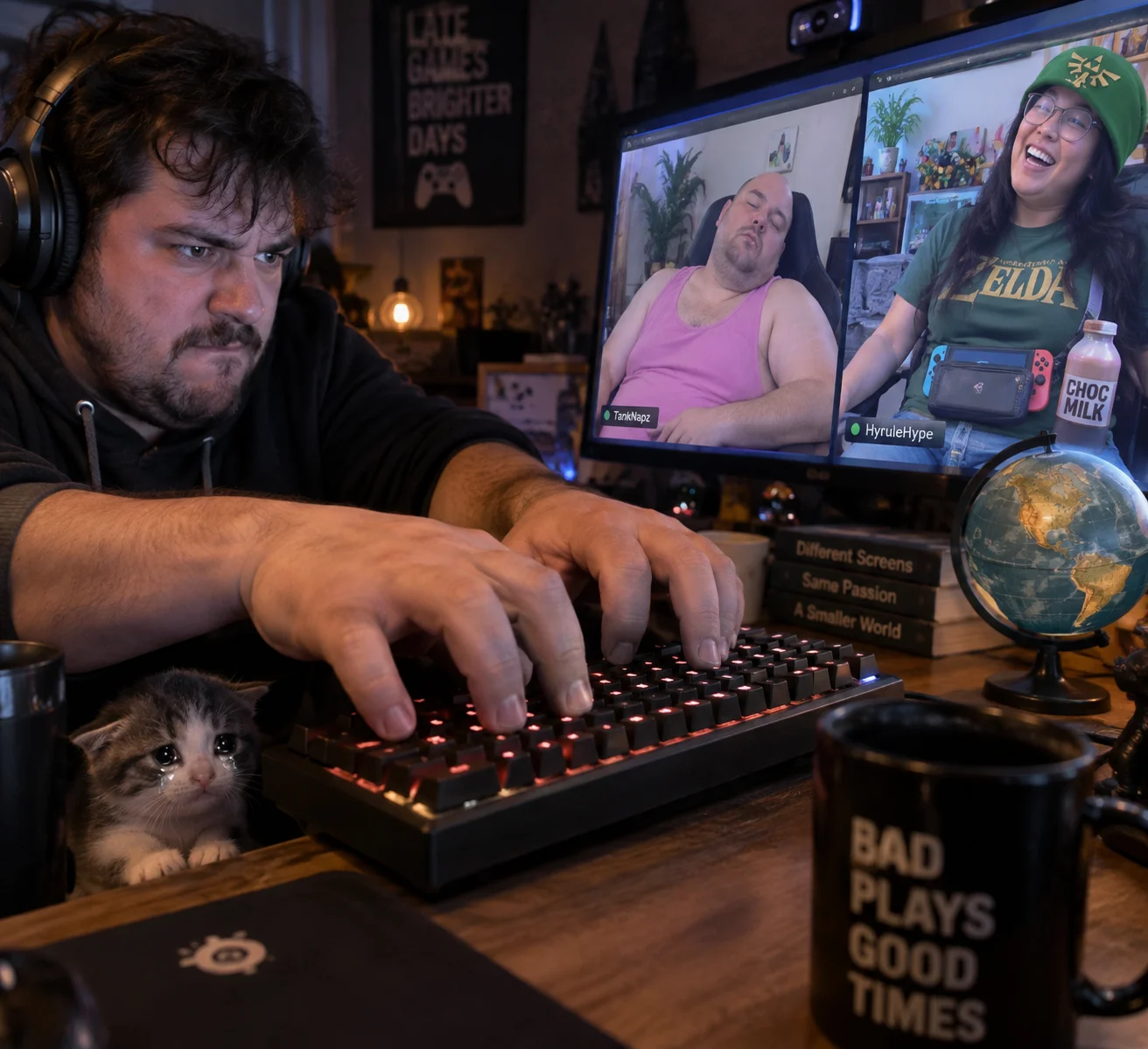 A broad-fingered streamer mashes his keyboard as a frightened cat watches, while two distant viewers appear on his monitor.